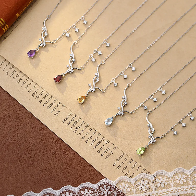 Фото Изящное колье-подвеска из стерлингового серебра 925 пробы в форме сердца с камнями по месяцам рождения: топаз, цитрин, гранат, аметист, перидот. Ювелирный подарок для женщин. №2