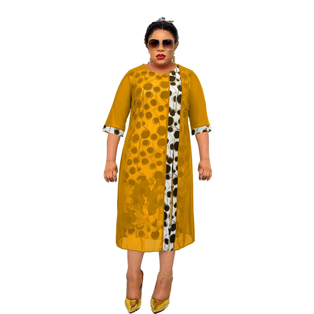 Plus Size Dresses 2023 Place Make Two Piece Patchwork Printed Large Dress Round Neck Lady Elegant Casual Female Clothes