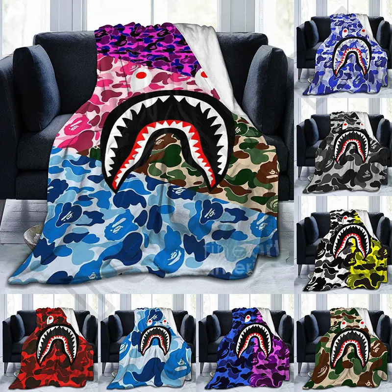 

3D Fashion Shark Bape Pillowcase Series Blanket Cartoon Ape Bape Flannel Plush Blanket Children and Adults Sofa Bed Blanket