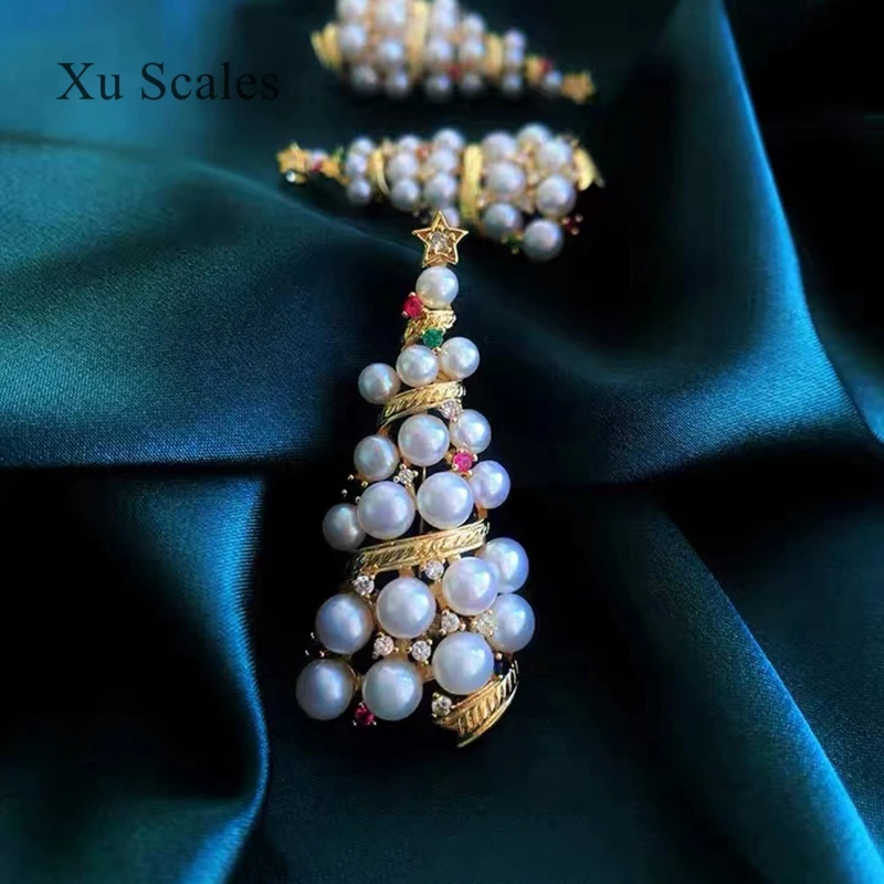 

New Natural Freshwater Pearl Brooch Christmas Tree Zircon Corsage Fashion and Delicate Women's Clothing Jewelry 14K Gold Gift