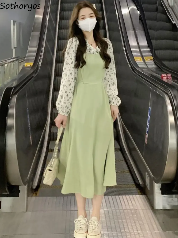 

Midi Dresses Women Patchwork Sweet Design Simple Tender Fake Two Pieces Casual Temperament Spring Korean Style Fashion Ladies