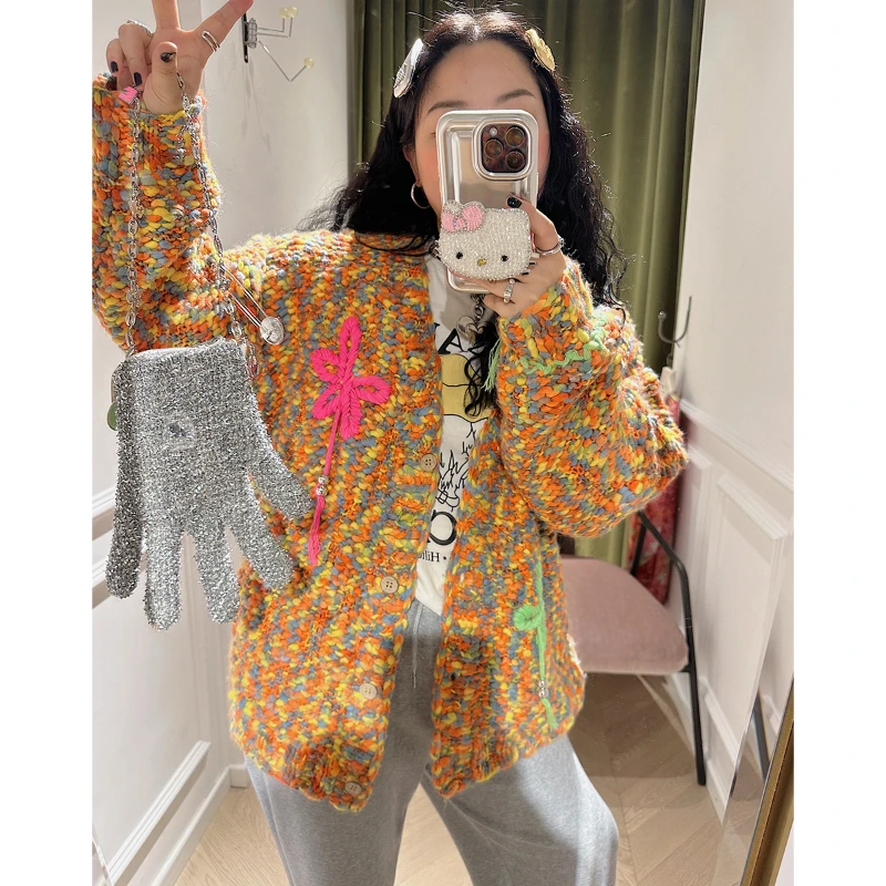 Женский яркий кардиган ручной работы Вязаный топ на зиму новинка 2023 года в Y2k