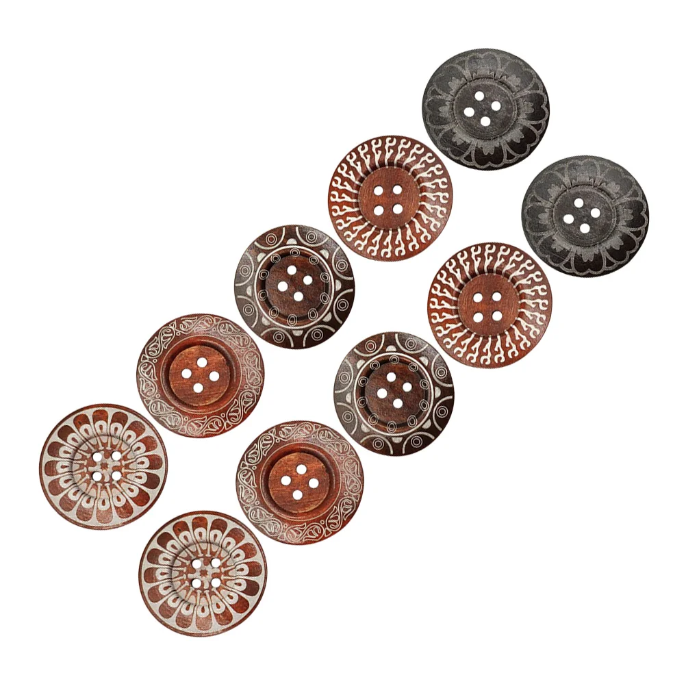 

10PCS Wooden Buttons 6CM 4 Holes Carving Printed Depressed Retro Literary Large Size Buttons for Knitting Coat