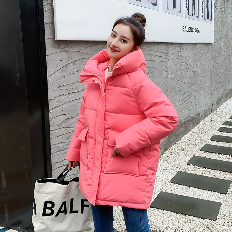Autumn Winter Thicken Warm Medium Long Chic Parka Women Casual Sweety Solid Color Big Pocket Loose Hooded Coat Jackets Outwear