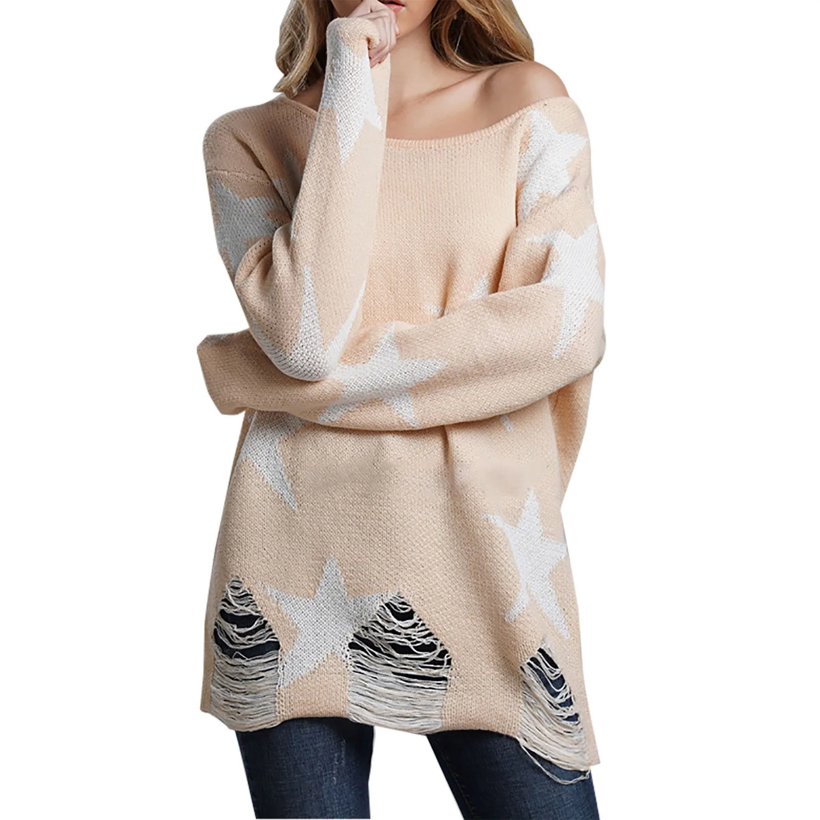 

Женский вязаный Свитер оверсайз со звездами, Свободный Повседневный пуловер без бретелек с круглым вырезом, осень 2023