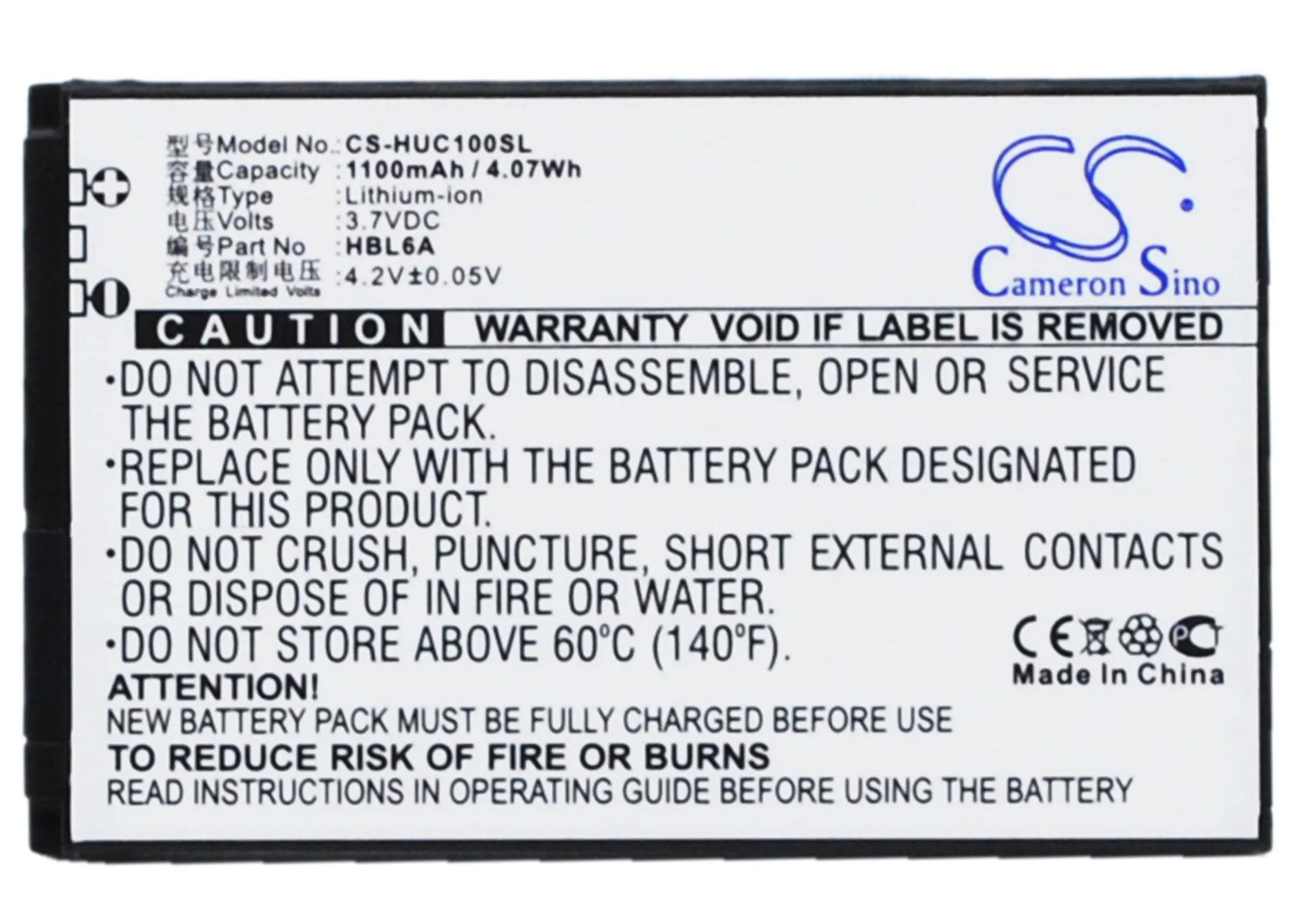 

Cameron Sino High Quality 1100mAh Battery HBL6A for Huawei C2600,C2605,C2606,C2800,C2808,C2809,C2900, C5100,C5588,C7100,C7199