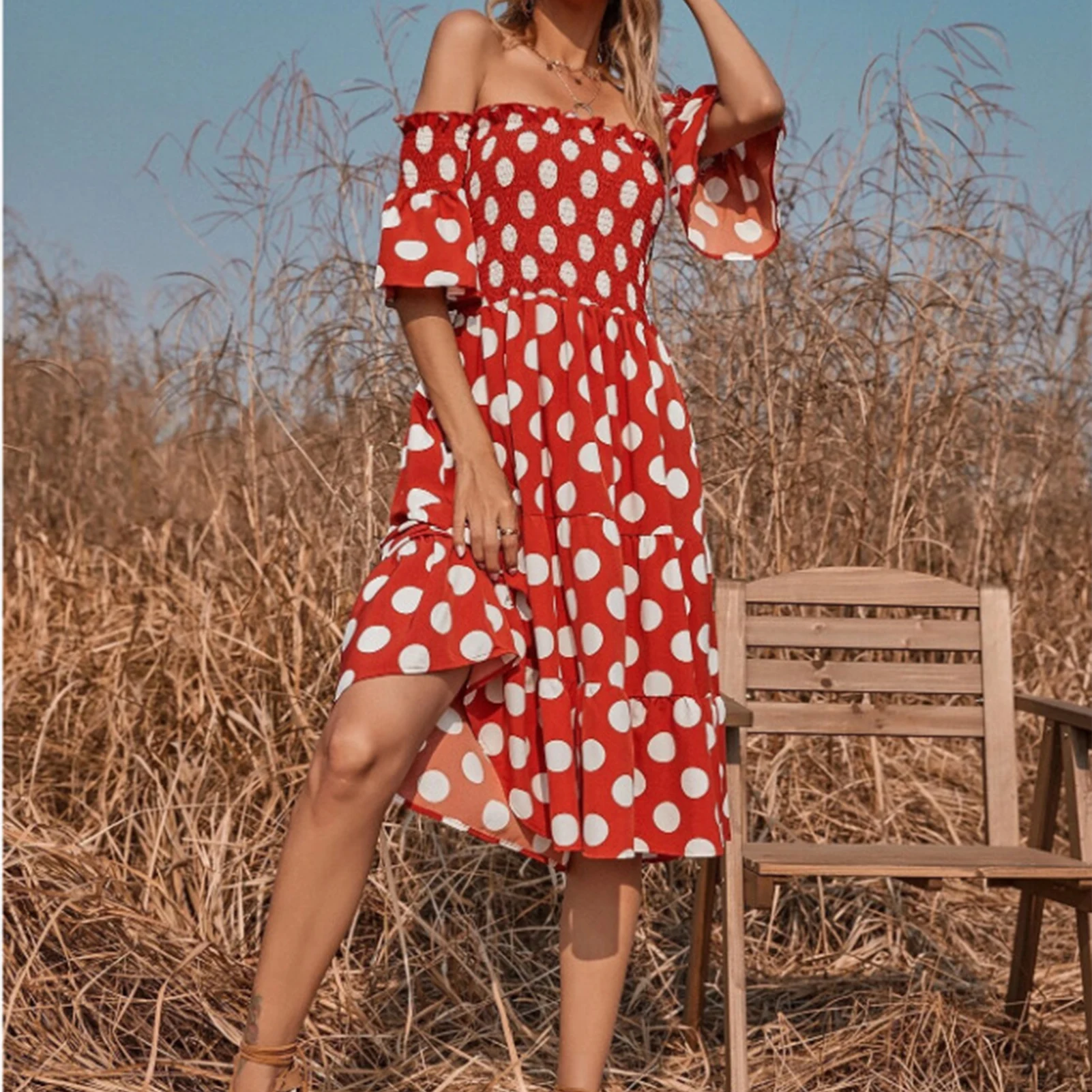 

Red Polka Dot Ladies Dress Temperament Summer Female Dress Off-shoulder Elegant Fashion Simple Stitching for Weekend Vacation