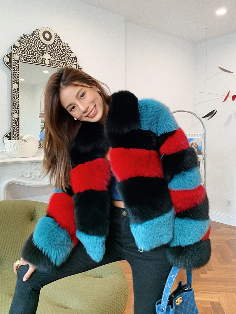 

FURTJY 2023 Autumn Winter New Light Luxury High-end Contrast Color European American Style Fashion Fox Fur Coat