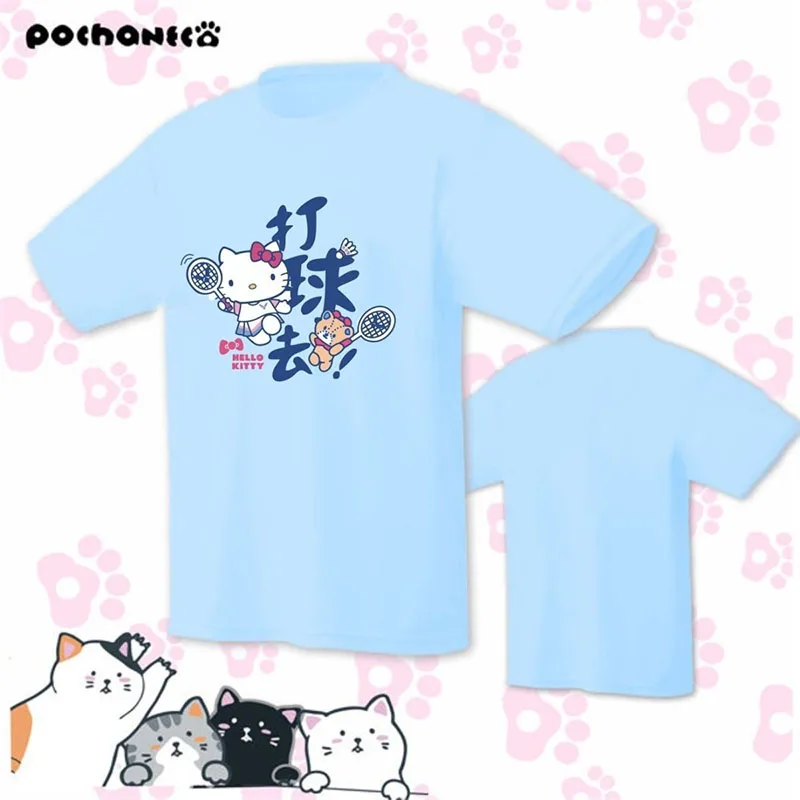 

Kawaii Sanrio Hello Kitty Футболка мультяшная Милая быстросохнущая одежда для бадминтона Студенческая Ins аниме Свободная Повседневная парная футболка подарок