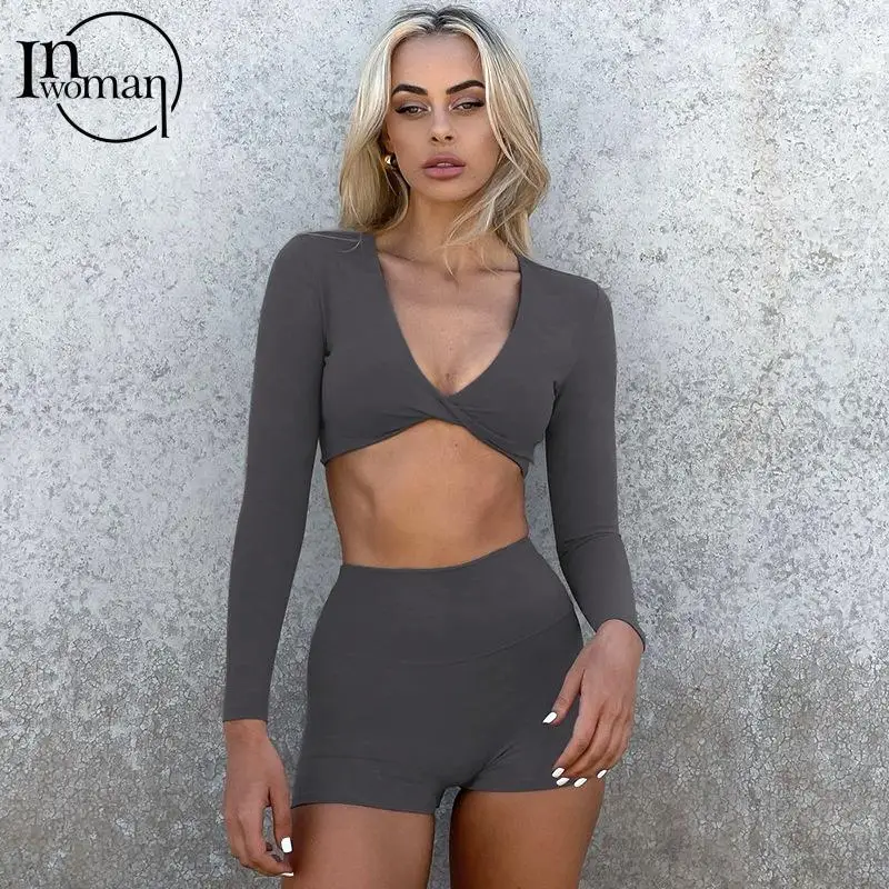 

Inwoman Spring V Neck Folds Blue Womens Clothing Sexy 2 Two Piece Sets Club Outfits For Women Long Sleeve Crop Top And Pants Set