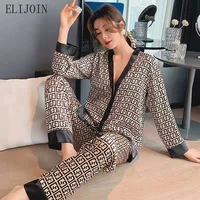 elijoin large size nightwearv neck design luxury cross letter print sleepwear silk like home clothes womens pajamas set