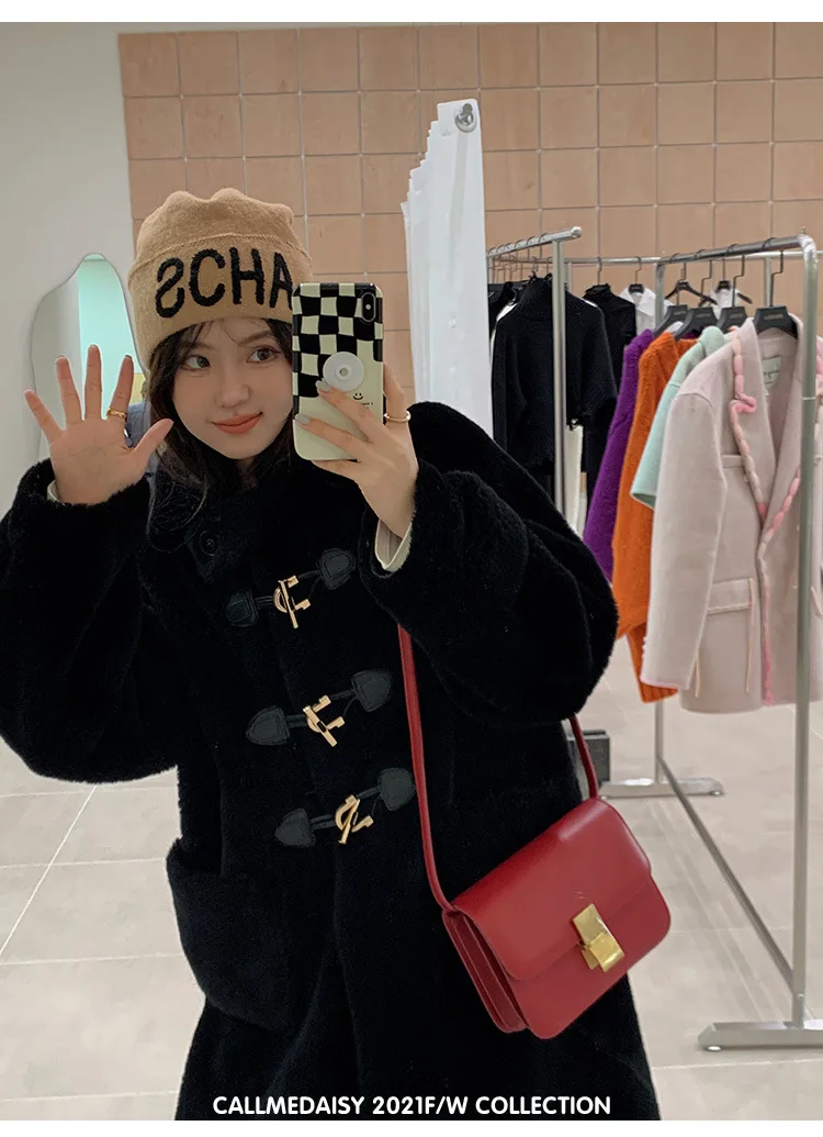 2024 Haining Winter New Bull Horn Пряжка из овечьей шерсти с капюшоном флиса и меха со