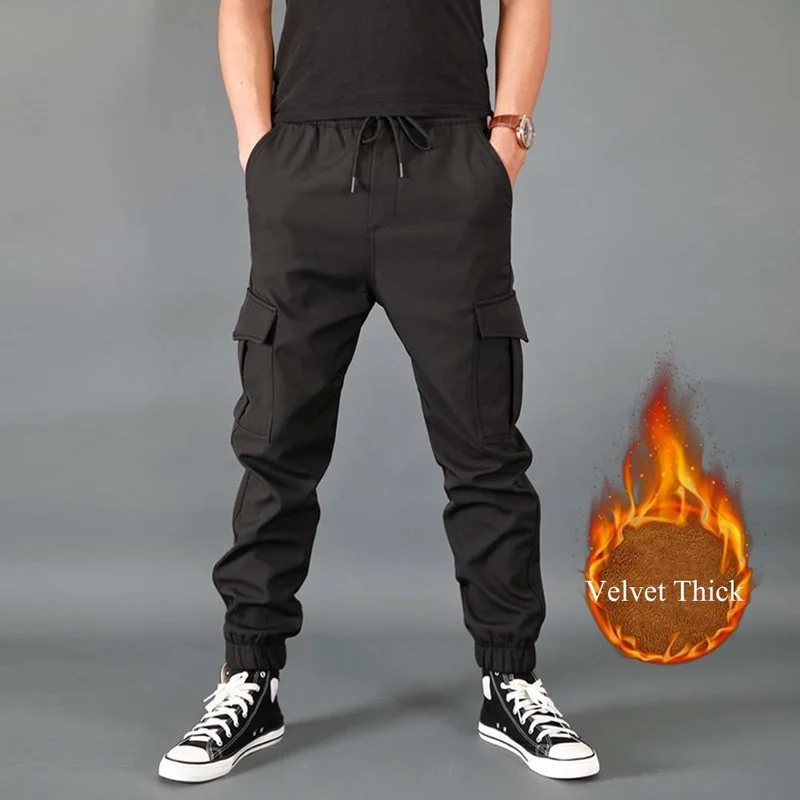 

New Winter Men Pants Thick Fleece Joggers Multi Pocket Loose Sport Trousers Male Casual Warm Sweatpants Cargo Pants