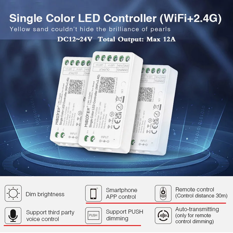New arrival Single Color LED Controller 2.4G RF Remote Wireless WiFi Voice Control DC 12V 24V Music Dimmer Total Output Max 12A