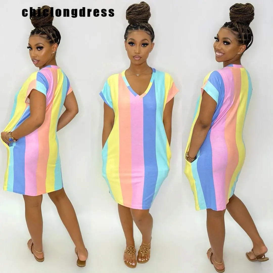 

Summer Tshirt Dress Women Fashion V-neck Loose Pocket Dress Women
