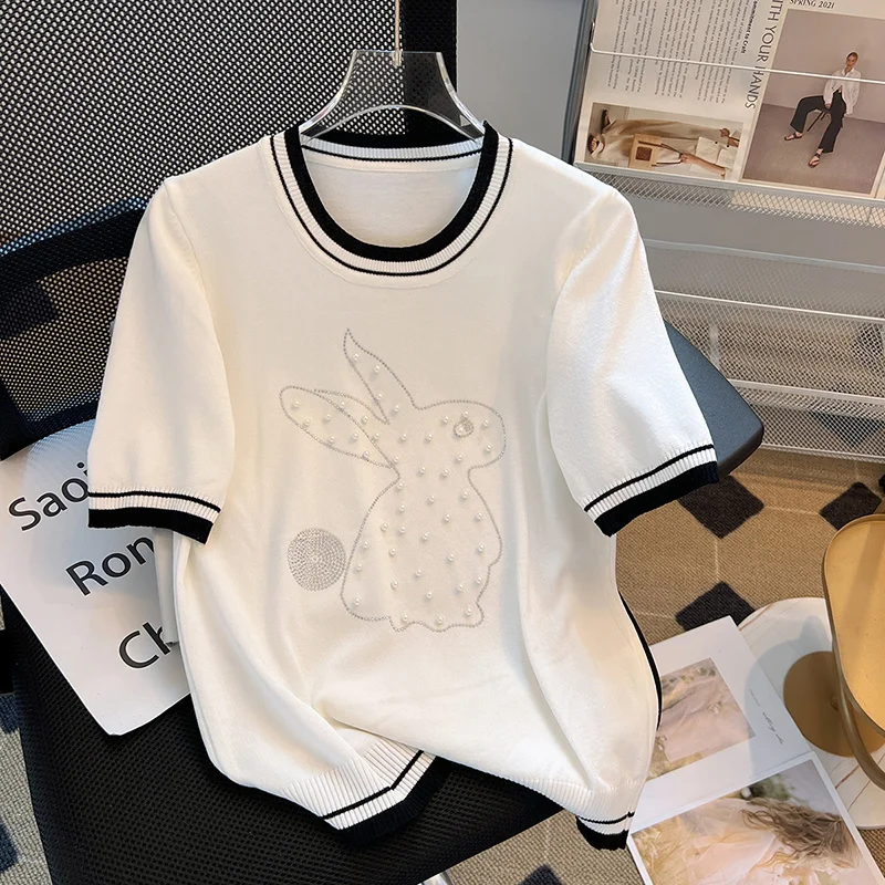 

Женский тонкий трикотажный свитер, джемперы с коротким рукавом и кроликом, с бриллиантами и бисером, белый/черный вязаный пуловер, лето 2023