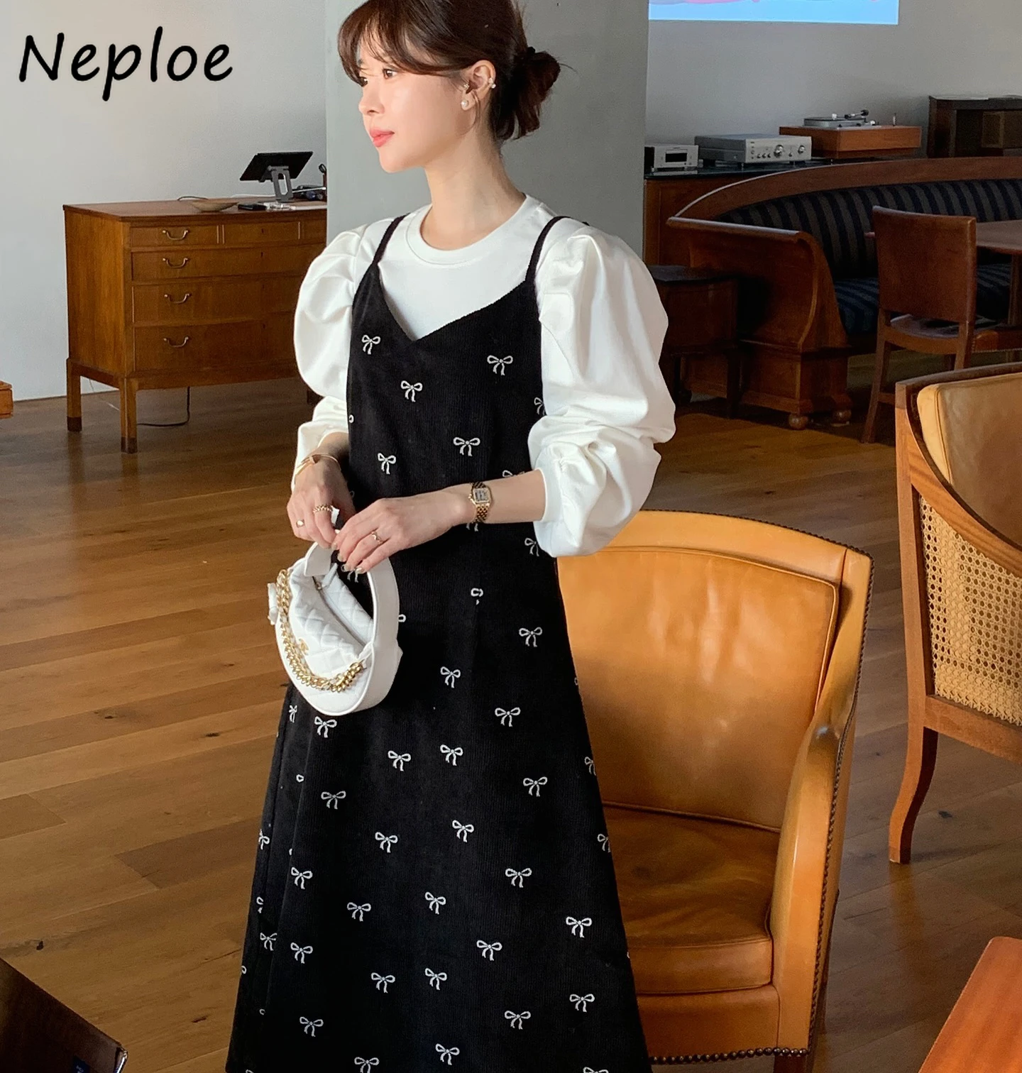 Neploe Sweet O Neck Puff Sleeve Однотонный комплект Рубашка с французским принтом Платье на