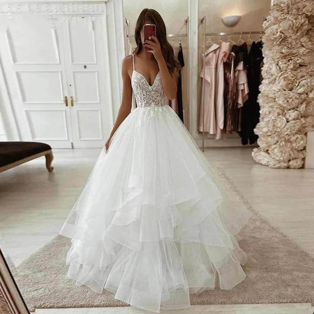 

Sleeveless A-line Wedding Dress V Neck Sexy Backless Bridal Gown Vestido De Novia Ruffle Skirt Wedding Dresses