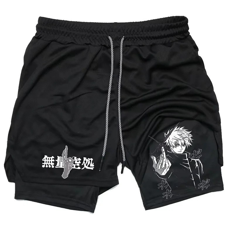 Anime Compression Shorts Summer Sportswear Men GYM 2 In 1 Training Workout Male Fitness Sport