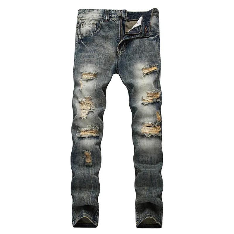 

Men straight hole pants brand motorcycle jeans rock ripped hip hop men casual denim distressed plus size