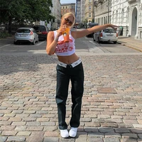 spring womens casual low waist trousers adults color block printed zipper sports pants with pockets womens pants streetwear