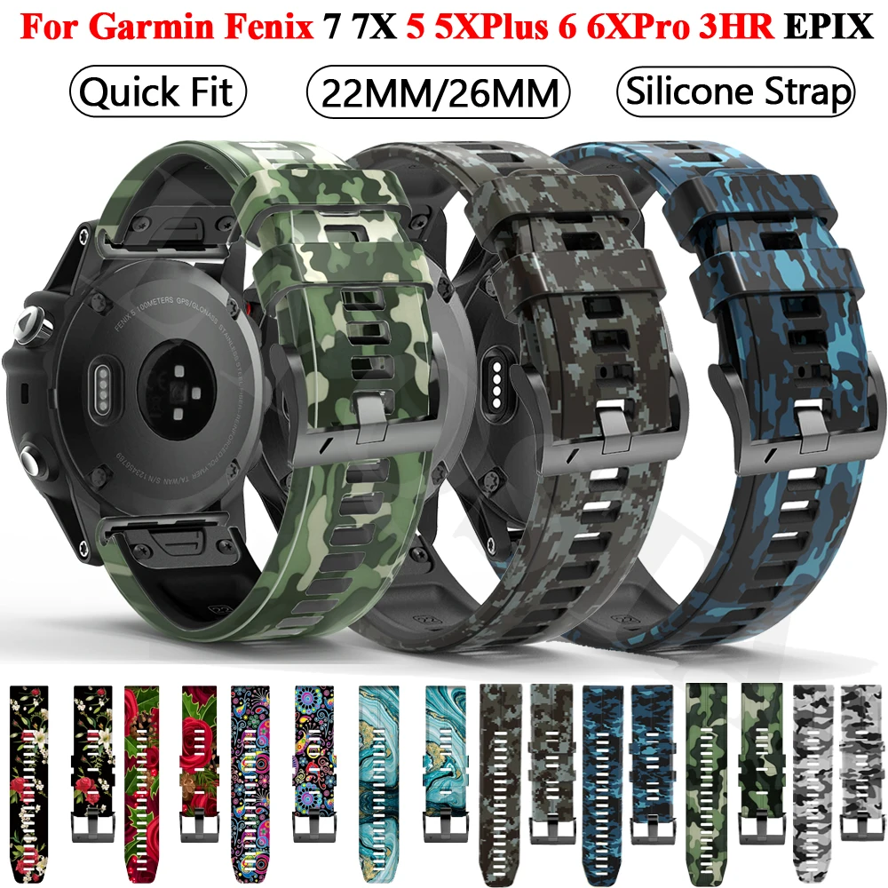 

26 22MM Watchband For Garmin Fenix 7 7X 6 6X Pro 5 5XPlus 3HR Fenix7 Print Silicone Quick Release Watch Easyfit Wrist Band Strap