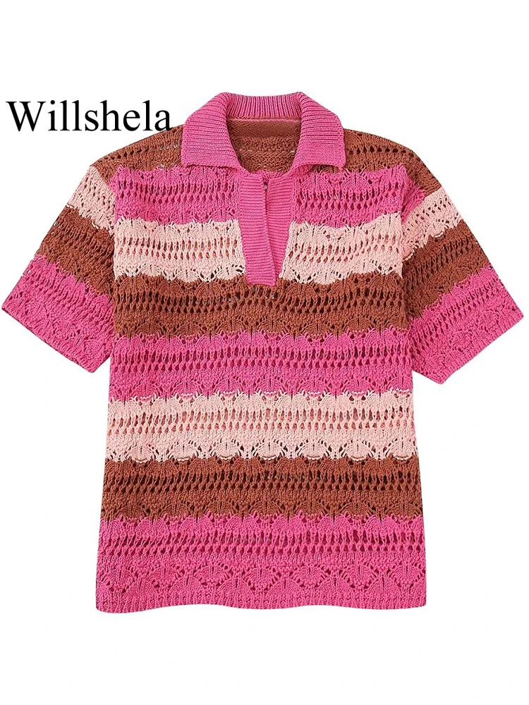 

Willshela Women Fashion Striped Loose Knitted Sweater Vintage Lapel Neck Short Sleeves Female Chic Lady Tops