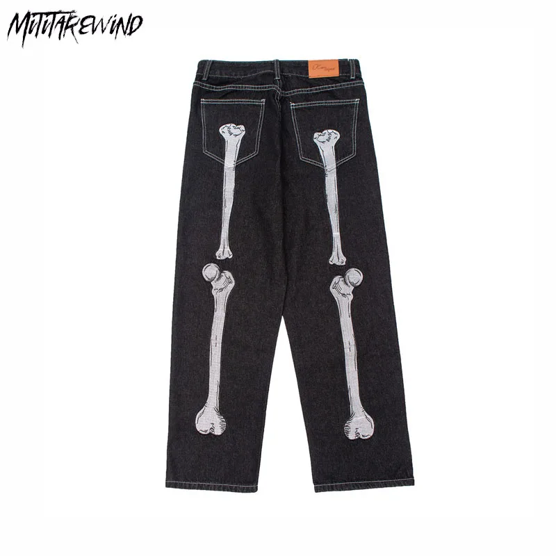 

Джинсы Y2k мужские с вышивкой скелета, уличная одежда, повседневные свободные брюки с широкими штанинами, уличные прямые джинсы в стиле оверсайз, хип-хоп, Ins