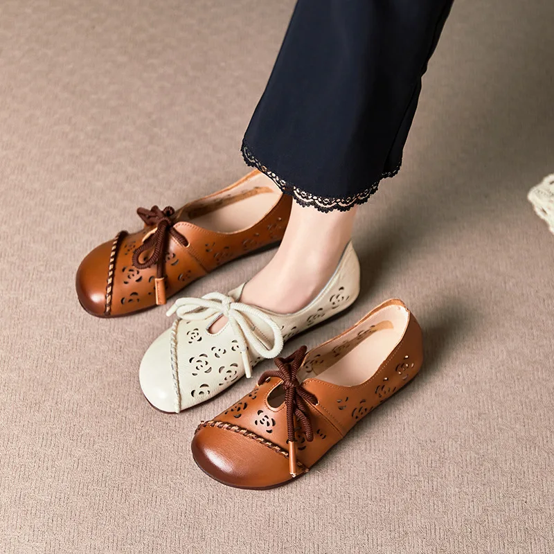 

Genuine leather shoes tied up moccasins women's luxury brand shoes woman summer flat driving loafers female cutout flats string