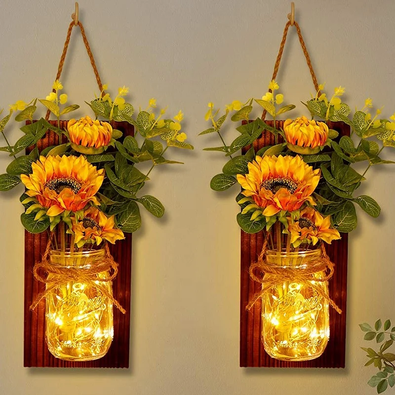 

Set Of 2 Sunflower Mason Jar Sconces Wall Decor, LED Fairy Lights For Home Kitchen Living Room House Decorations Lights