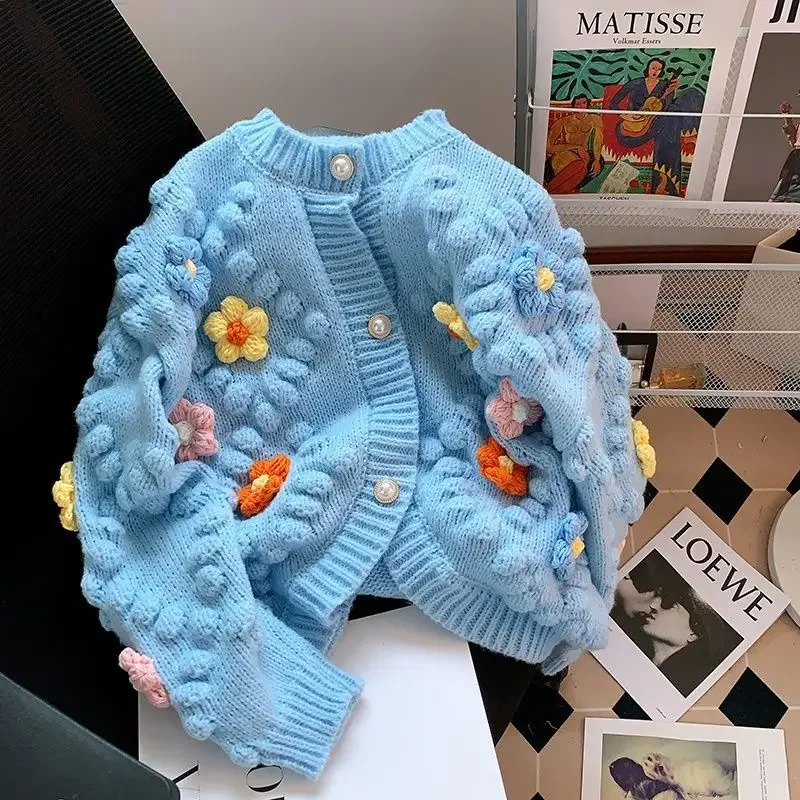 Kawaii свитер с 3D цветочной вышивкой, вязаный кардиган, женский свитер с длинными рукавами, одинарный переплетенный свитер контрастного цвета, осень 2024, осень (art.: 3920cabcac768) - 3920cabcac768