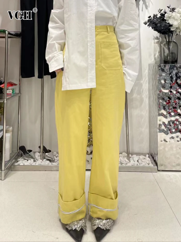 

VGH Casual Plain Denim Pants For Women High Waist Single Button Patchwork Pockets Loose Long Straight Jeans Female 2022 Spring