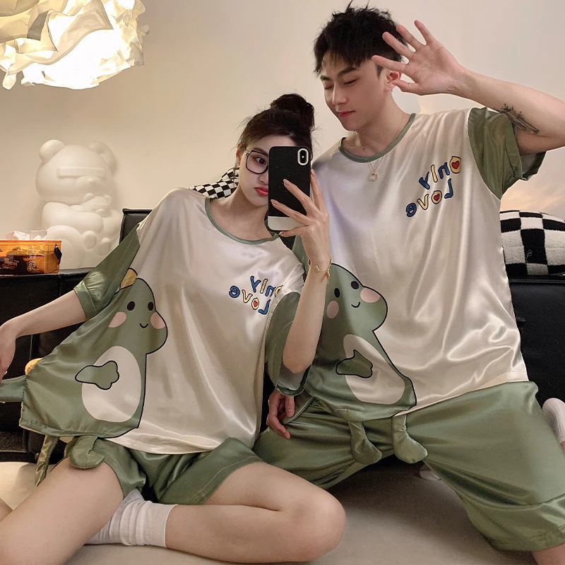 

3XL Summer Pajama Sets Couple Women Men Leisure Home Clothes Pajamas Silk Cloth Thin Pyjama Pour Femme Cartoon Dinosaur Pattern