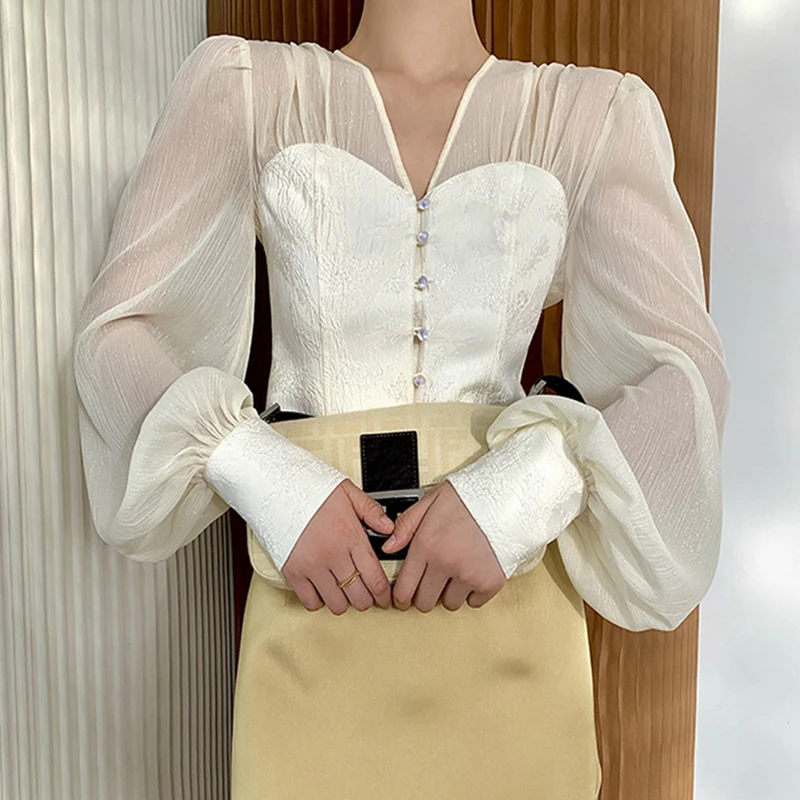 

Women's Short High Waist Blouse Mesh Stitching Close Waist Thin Shirt Fashion V-Neck Top 2022 Spring And Summer New