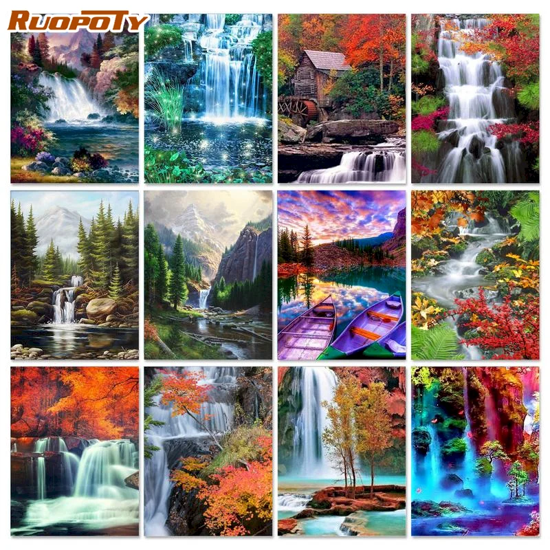 

RUOPOTY Painting By Numbers 60x75cm Frame On Canvas Oil Picture By Number HandPainted Modern Waterfall Scenery Home Decor