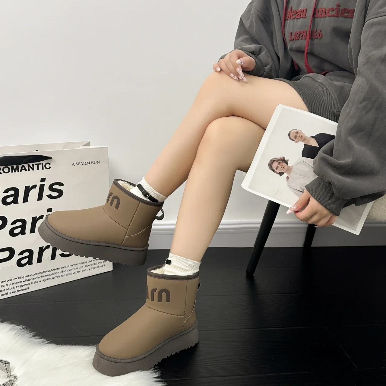 2024 новые зимние короткие ботинки на толстой подошве противоскользящие плюшевые