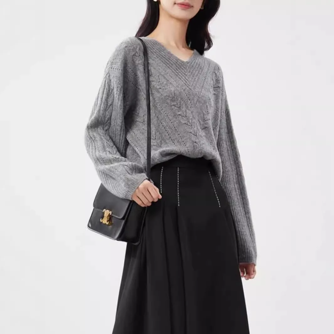 Витой пуловер с v-образным вырезом вязаный женский осенний свободный