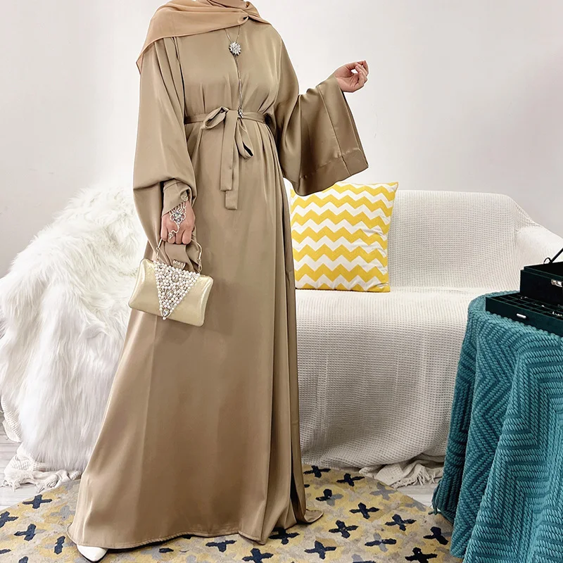 Satin Abaya Dubai With Pockets Free Belt Modest Fashion EID  Muslim Islamic Clothing Women Ramadan Long Sleeve Maxi Dress