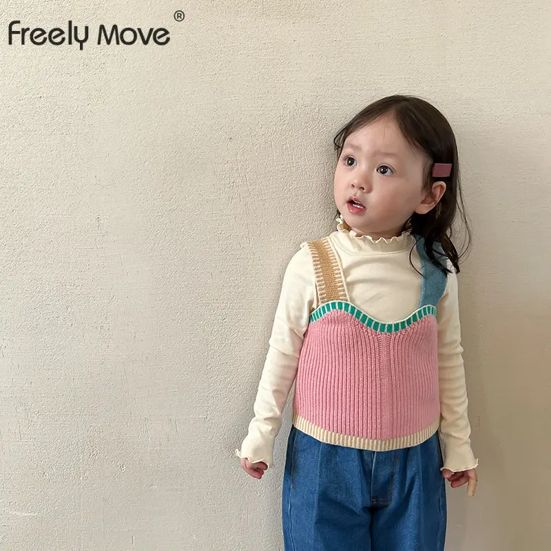 

Freely Move Korean Style Kids Girls Knitted Sweaters Sleeveless Vest 2022 Children Autumn Clothes Patchwork Vest + Denim Pants