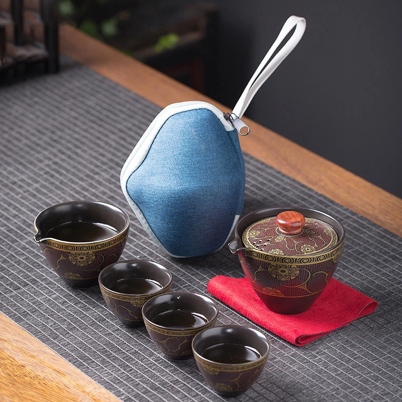 

Китайский чайный набор кунг-фу, чайный набор, керамический портативный чайный набор, один чайник, четыре чашки, уличные дорожные чайные чашк...