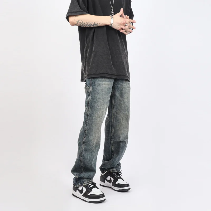 High Street Retro Dark Blue Straight Loose Streetwear Mens Jeans Casual Denim Wide Leg Pants Baggy Full Length Trousers