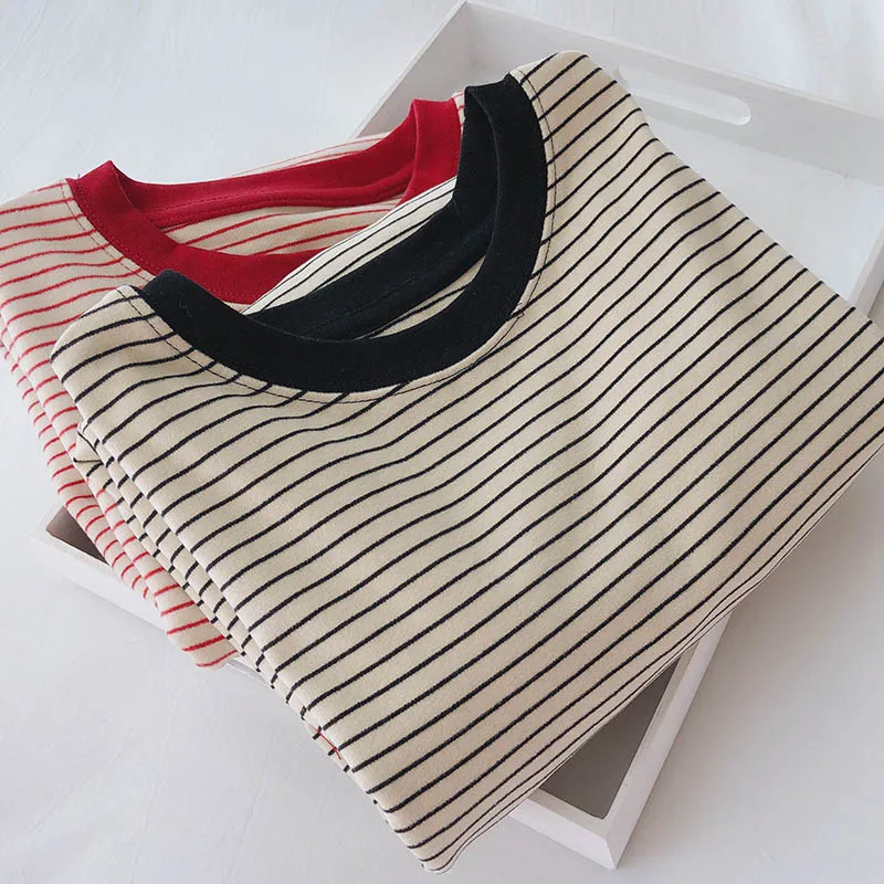 

YUQI Women Stripe O-neck Long Sleeve T-shirt 2022 Autumn Winter Casual Slim Bottoming Pullover Harajuku Self Heating Basic Tops