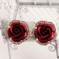 trendy shiny crystal rose flower stud earrings for women femme exquisite rhinestone geometric earring ear clip jewelry gift 2022