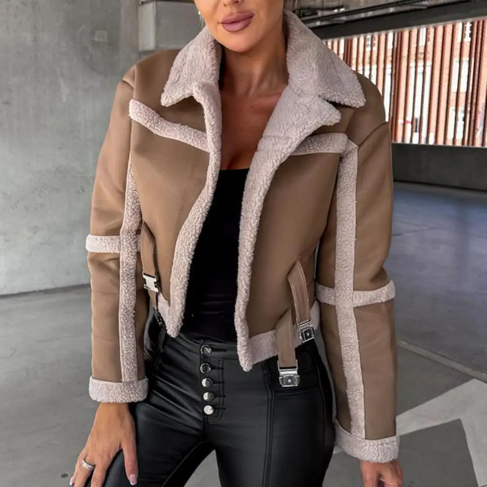 

Women Plush Interior Jacket Vintage Motorcycle Outerwear Women's Faux Leather Jacket with Plush Collar for Indoor for Autumn