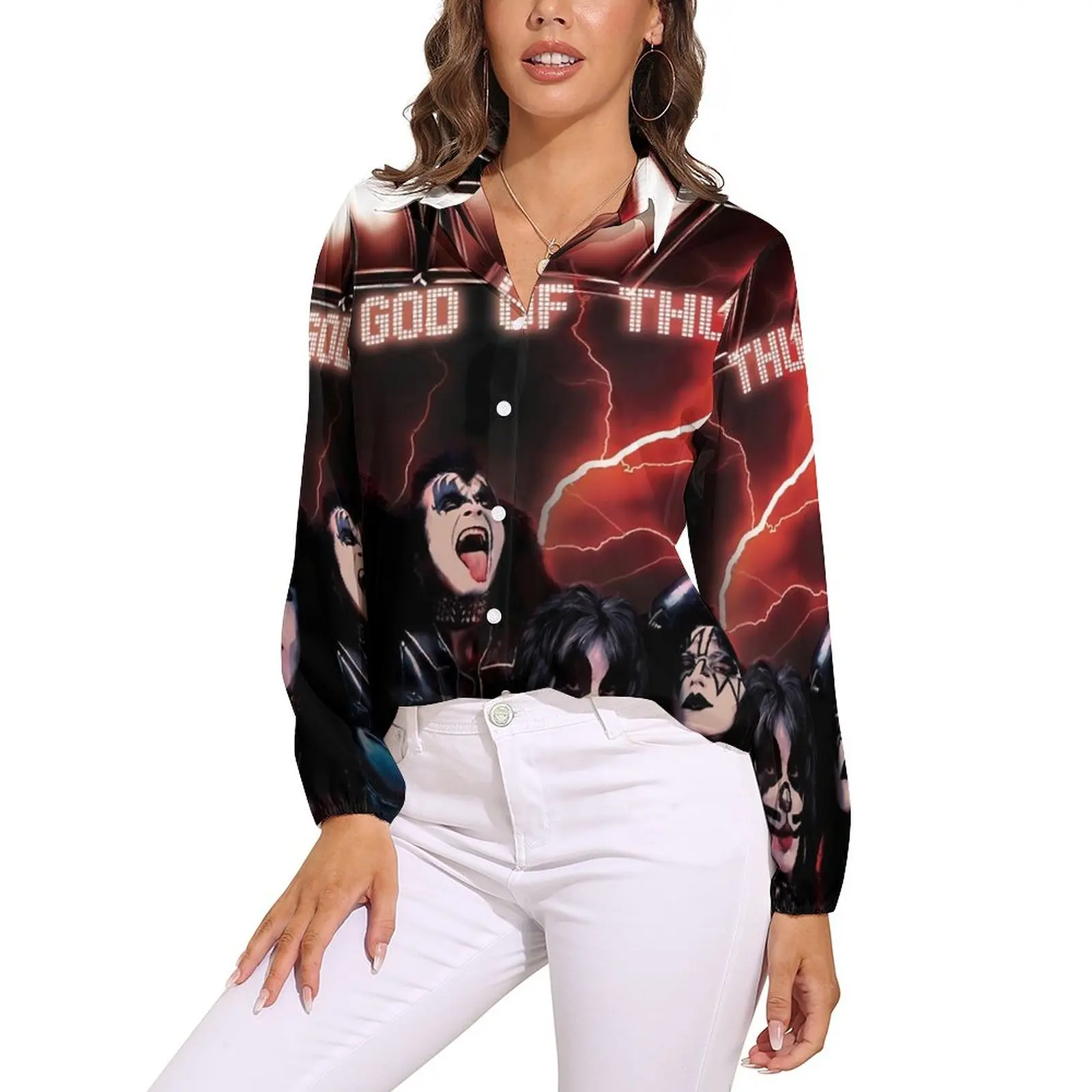 

Блузка с принтом группы Kiss, крутые блузки с длинным рукавом God Of Thunder, женская рубашка большого размера в уличном стиле, одежда с узором, идея для подарка