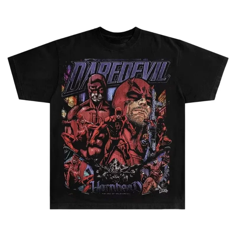 Фото Новая хлопковая футболка оверсайз Daredevil Hornhead 2026 года в стиле ретро-панк Харадзюку, модный топ с круглым вырезом и коротким рукавом для мужчин и женщин №1