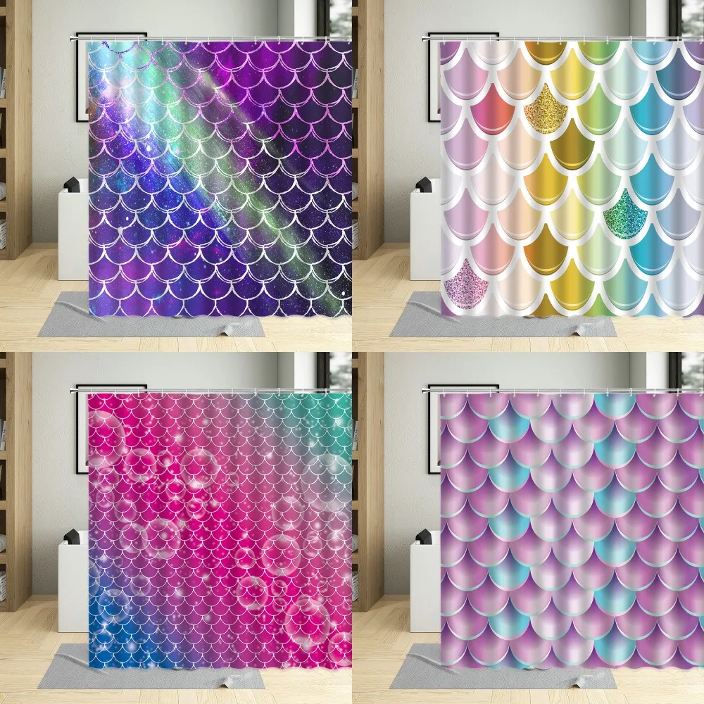 

Waterproof Bathroom Mermaid Scales Geometric Rhombus Shower Curtain Set Polyester Fabric Bathtub Curtains for Girls Decor Cloth
