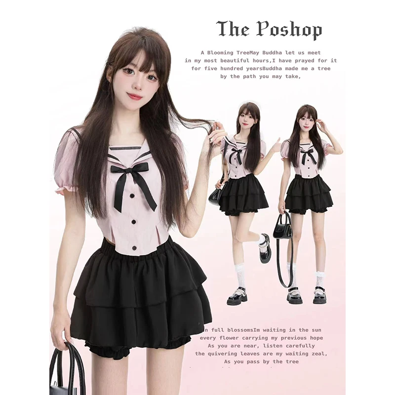 

Y2K Women 2 Pieces Sets Kawaii Preppy Style Shirts Black Mini A-line Skirts Casual Office Lady Outfits Lolita Suits 2023 Summer