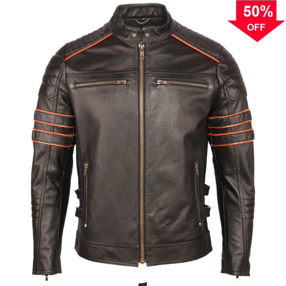 

Black Embroidery Skull Motorcycle Leather Jackets 100% Natural Cowhide Moto Jacket Biker Leather Coat Winter Warm Clothing M219