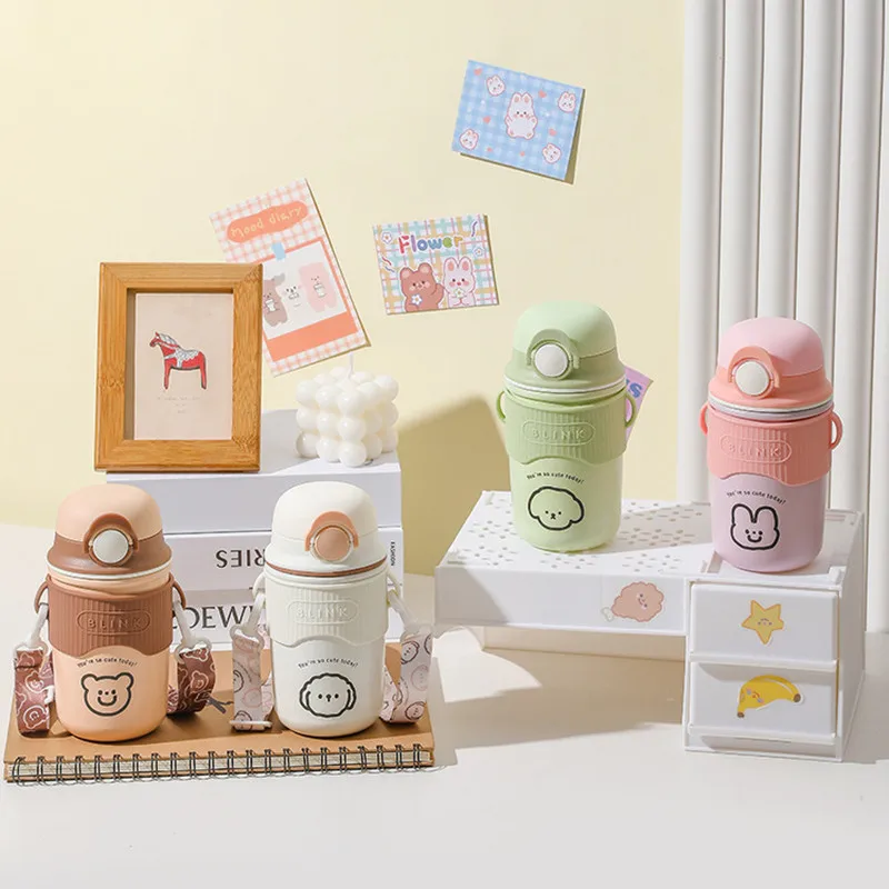 Mug With Strap Vacuum Flask With Straw Cute Child Thermal Water Bottle Tumbler 480ml